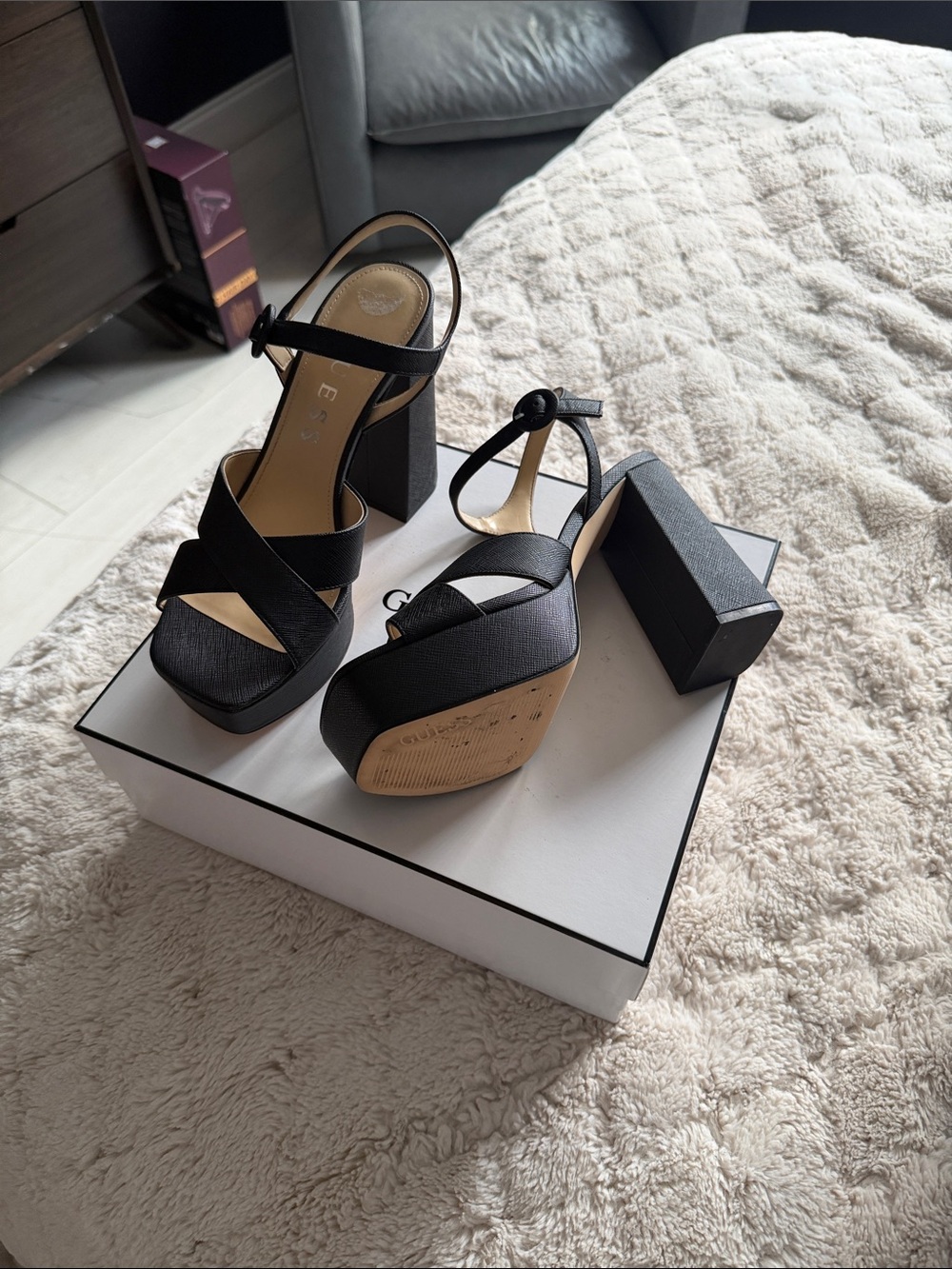 Guess Black Platform Block Heel Sandals with Ankle Strap